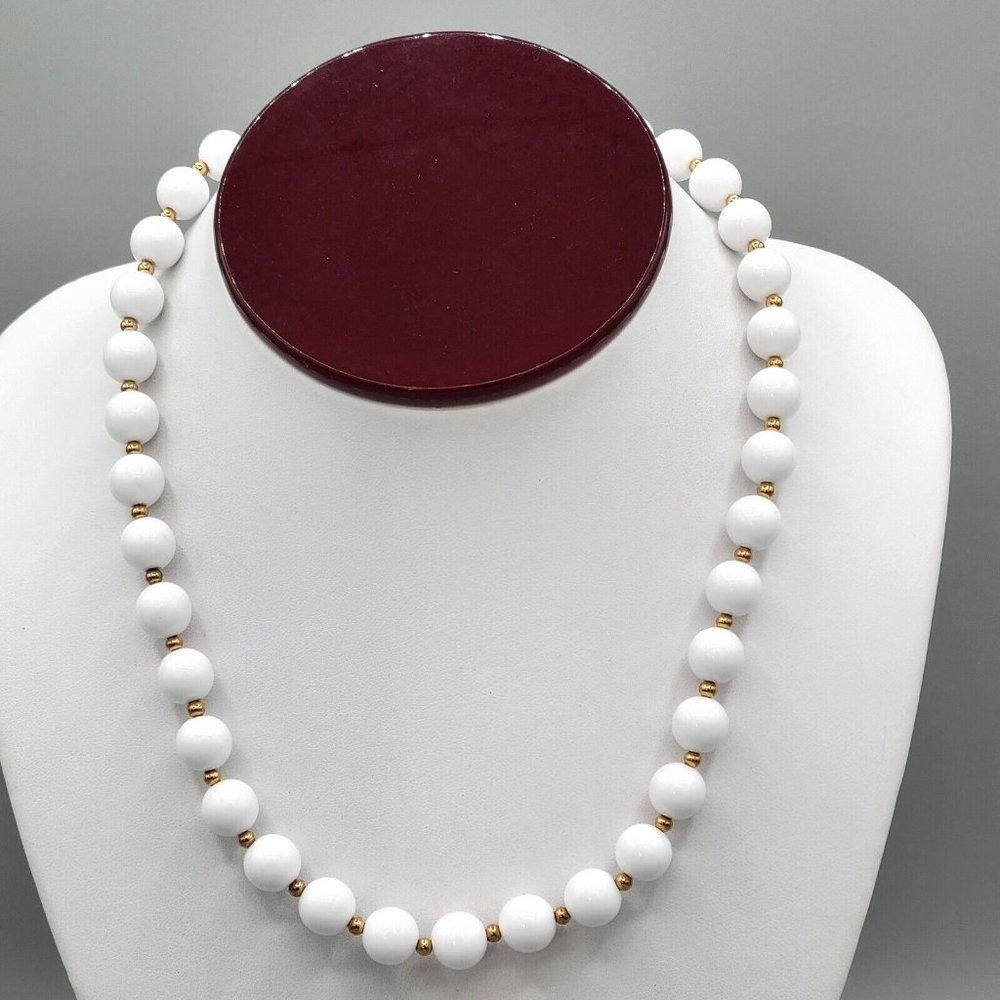 Monet White Beaded Necklace Gold Tone Spacer Hook Clasp 16 in Vintage 1990s